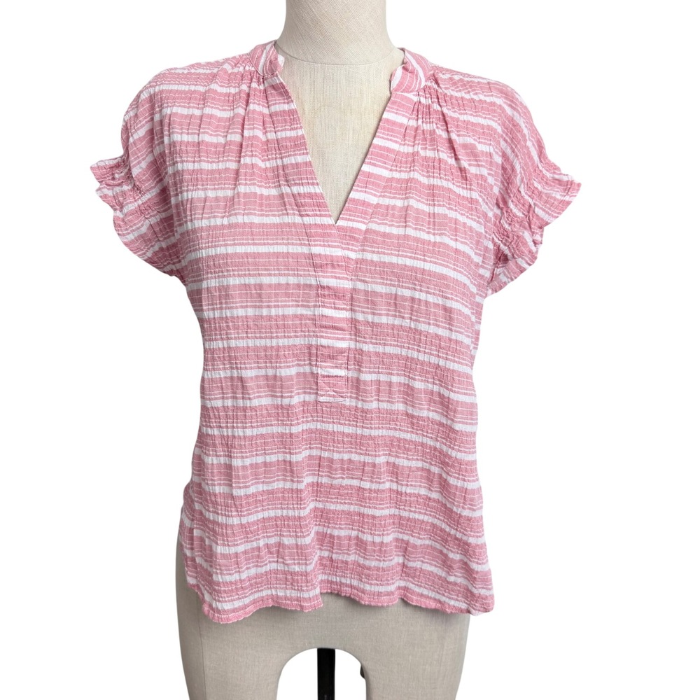 Pilcro Anthropologie Red Pink‎ Striped Seersucker Smocked Waist Blouse XS